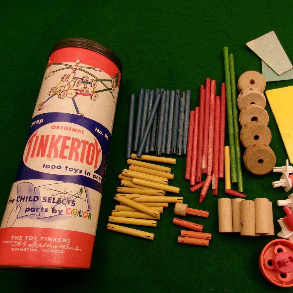 Tinkertoy No 116 container and assorted pieces Toy Tinkers Spalding Brothers
